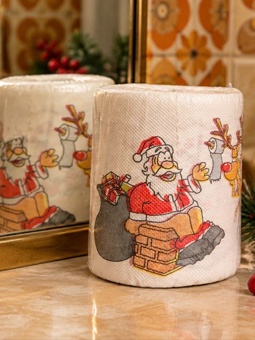NOS Santa Rudolph Christmas Toilet Paper Kitschy Holiday Decor 90's Bathroom